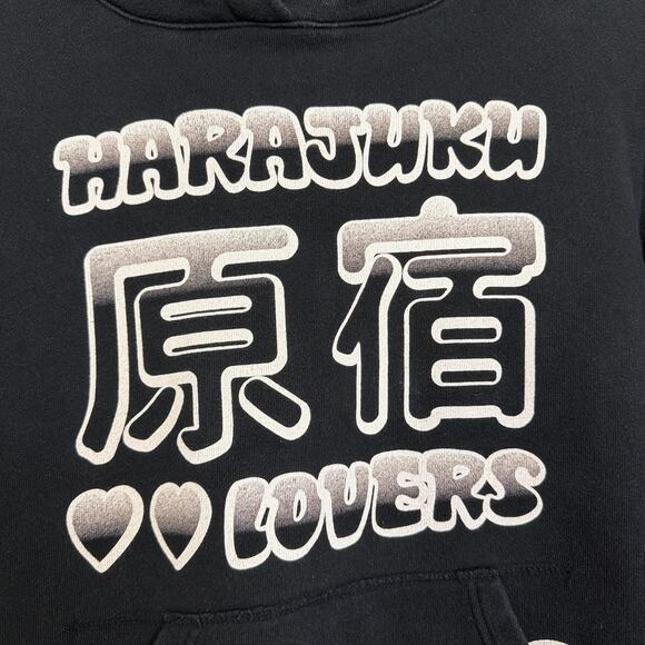 Harajuku Lovers Hoodie Womens XL Black Cut Off Short Sleeve Graphic Double Sided - Picture 7 of 12